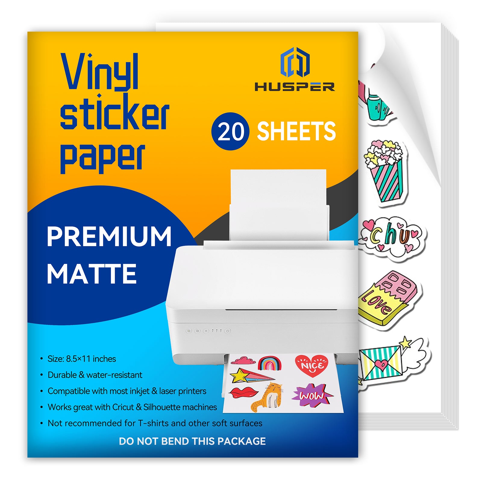 Premium Printable Vinyl Sticker Paper for Inkjet Printer - 8.5x11 Inch 20 Sheets Matte White Waterproof, Dries Quickly Vivid Colors, Holds Ink well- Tear Resistant - Inkjet & Laser Printer