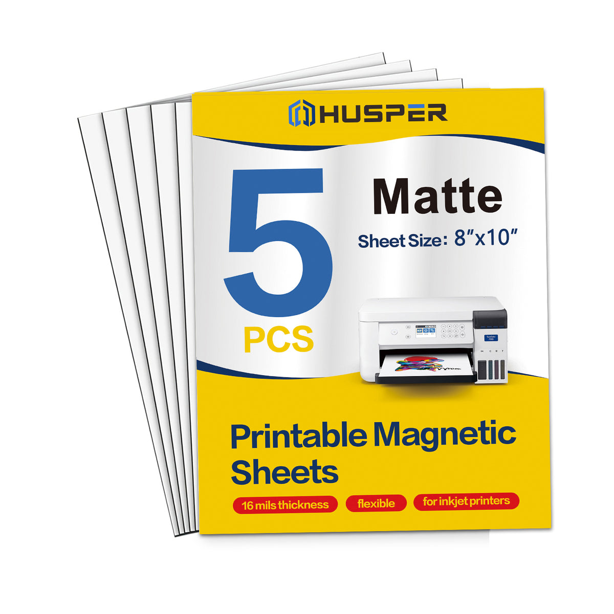 HUSPER Printable Magnetic Sheets 8 x 10 Inches Matte Magnet Paper Sheet 5 Pcs Non Adhesive Magnetic Paper for Inkjet Printers, Flexible Magnet Photos for DIY Crafts