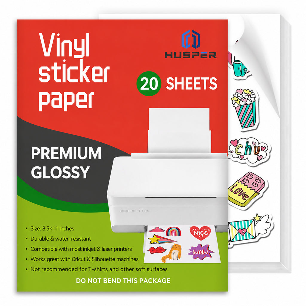 HUSPER Premium Printable Vinyl Sticker Paper for Inkjet Printer - 8.5x11 Inch 20 Sheets High Glossy White Waterproof, Dries Quickly Vivid Colors, Holds Ink well- Tear Resistant