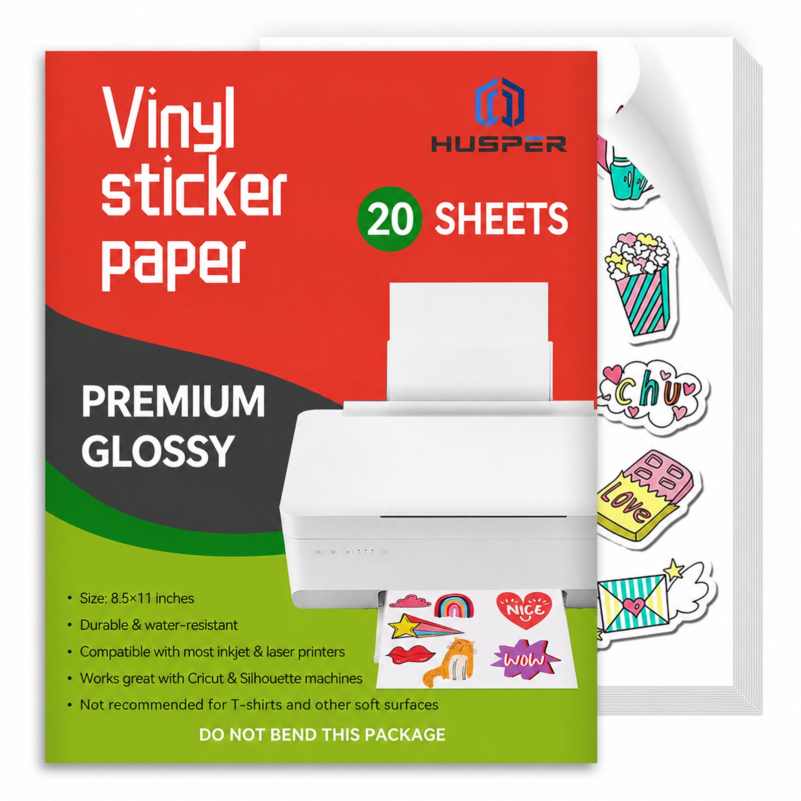 HUSPER Premium Printable Vinyl Sticker Paper for Inkjet Printer - 8.5x11 Inch 20 Sheets High Glossy White Waterproof, Dries Quickly Vivid Colors, Holds Ink well- Tear Resistant