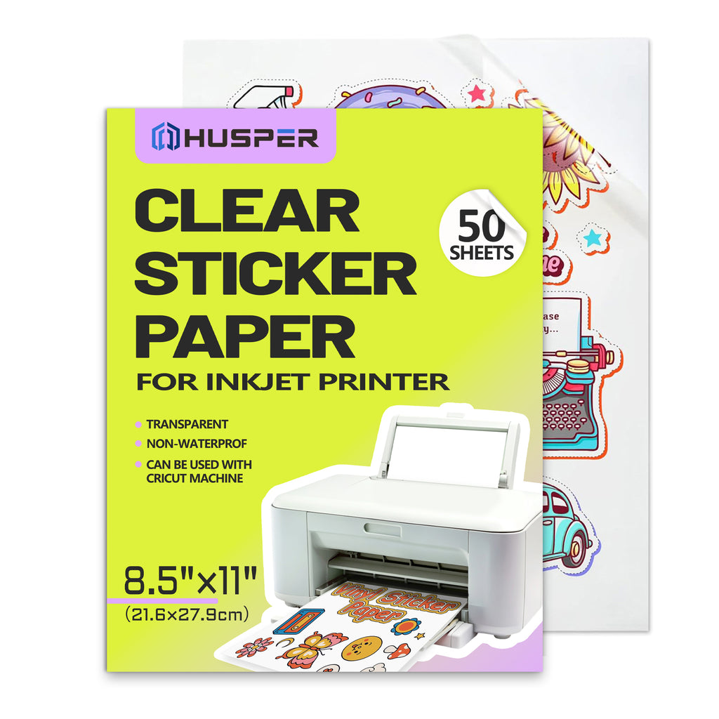 HUSPER Clear Sticker Paper for Inkjet Printer (50 Sheets) - Transparent Glossy 8.5 x 11 - Printable Vinyl Sticker Paper