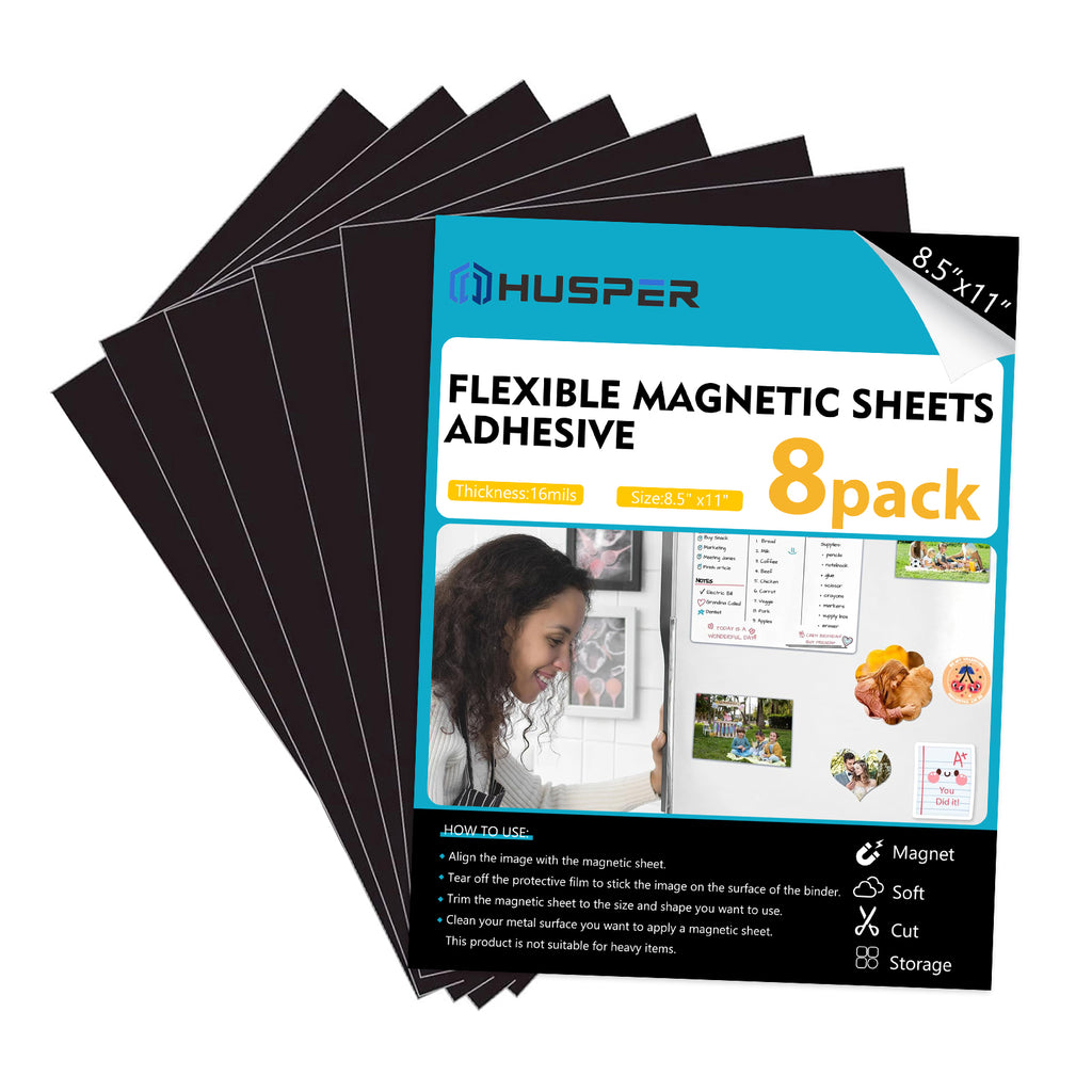 HUSPER Adhesive Magnetic Sheets, 8 Pack 8.5" x 11" Flexible Stick-Back Magnets for Crafts, DIY, Fridge, Photos, Whiteboard