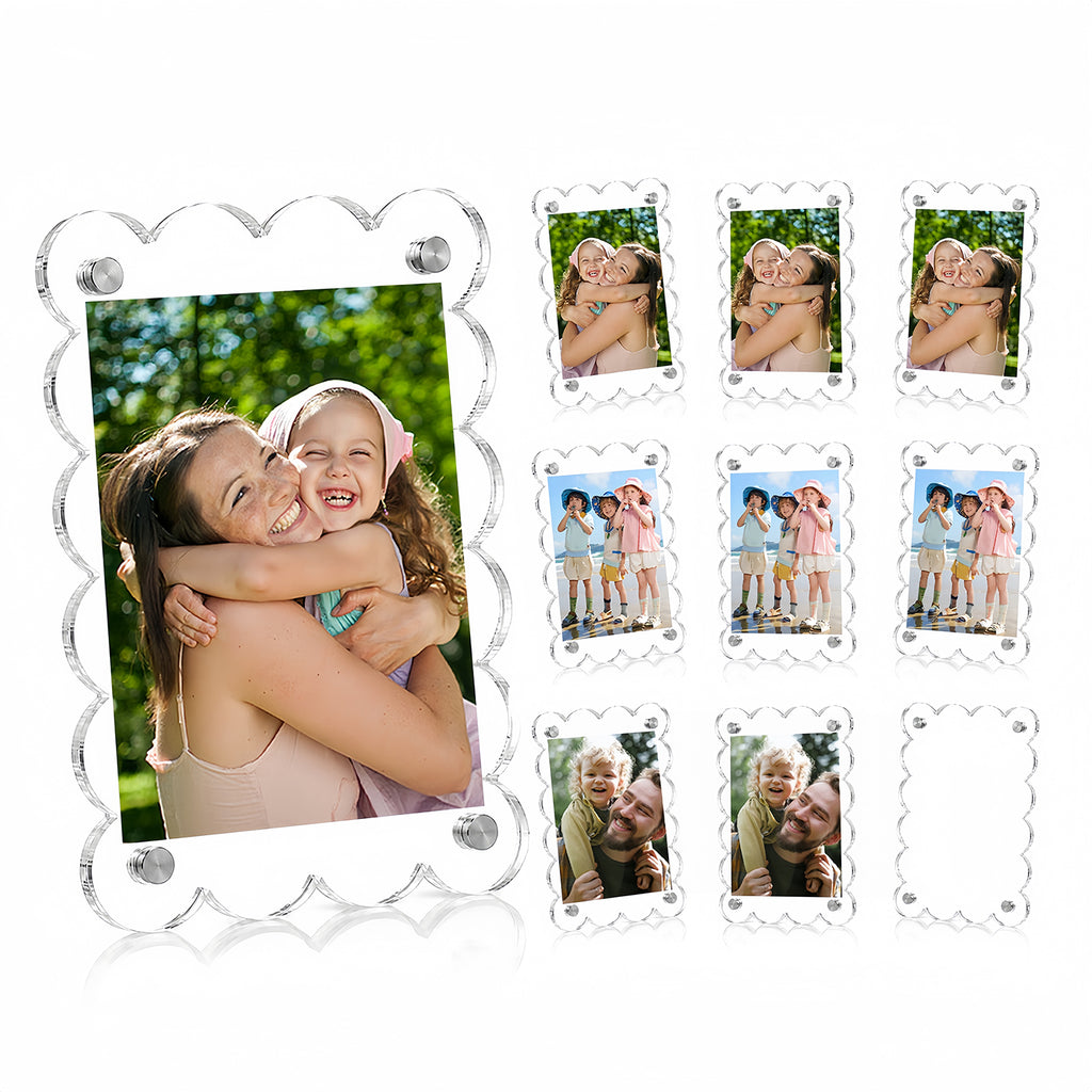 Scalloped Magnetic Picture Frame 2.5x3.5 Inch - 10 Pack Clear Acrylic Photo Frame, 4mm Thick Double-Sided Magnet Design, Trendy Desktop Display for Home/Office Decor