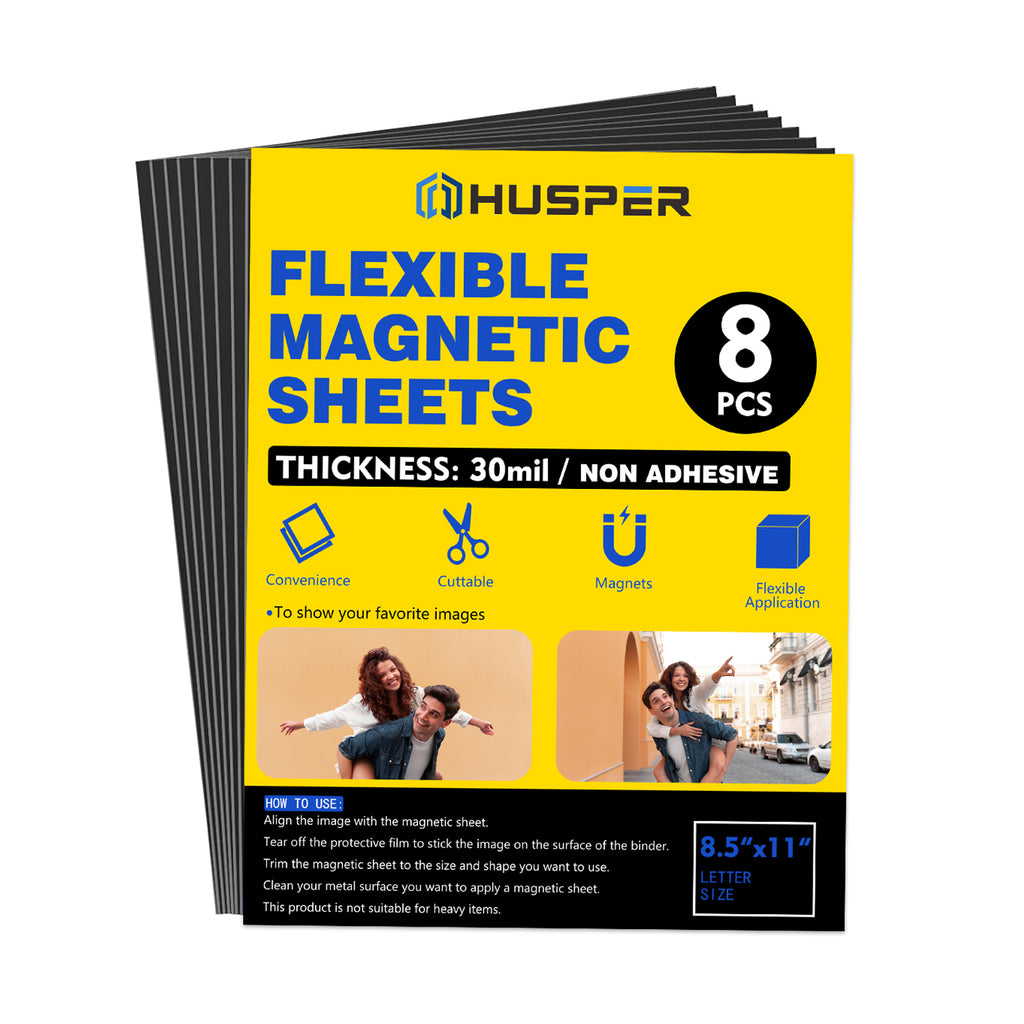 HUSPER Magnetic Sheets 8.5" x 11" Non Adhesive 30 mil 8 Pack for Dies Storage - Flexible Blank Magnet Sheet Set for Crafts, DIY, Sign Making, to Make Dots, Square Magnets, Circles, Strips, Tape