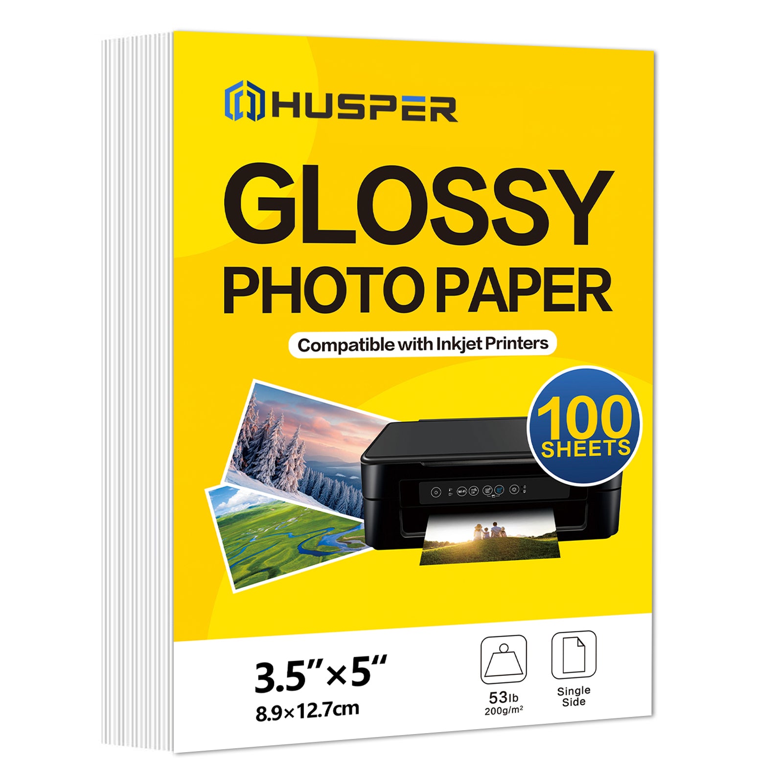 HUSPER Glossy Inkjet Photo Paper 100 Sheets 3.5x5 Inches 53lb Professional Photographic Compatible with Dye Ink Printer 200GSM Instant Dry Picture Paper (3.5''x5''-100 Sheets)