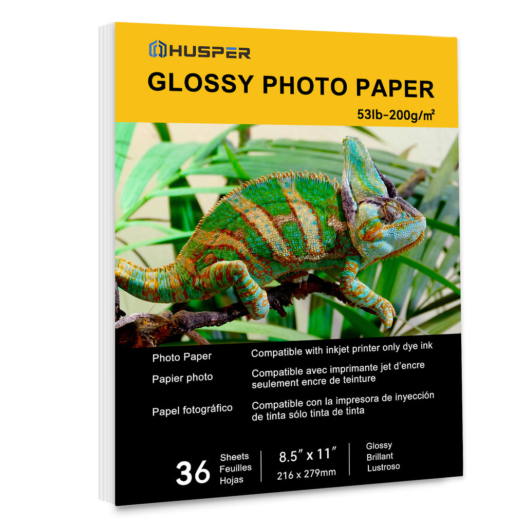 HUSPER Glossy Inkjet Photo Paper 36 Sheets 8.5x11 Inches 53lb Professional Photographic Paper Compatible with Dye Ink Printer 200GSM Instant Dry