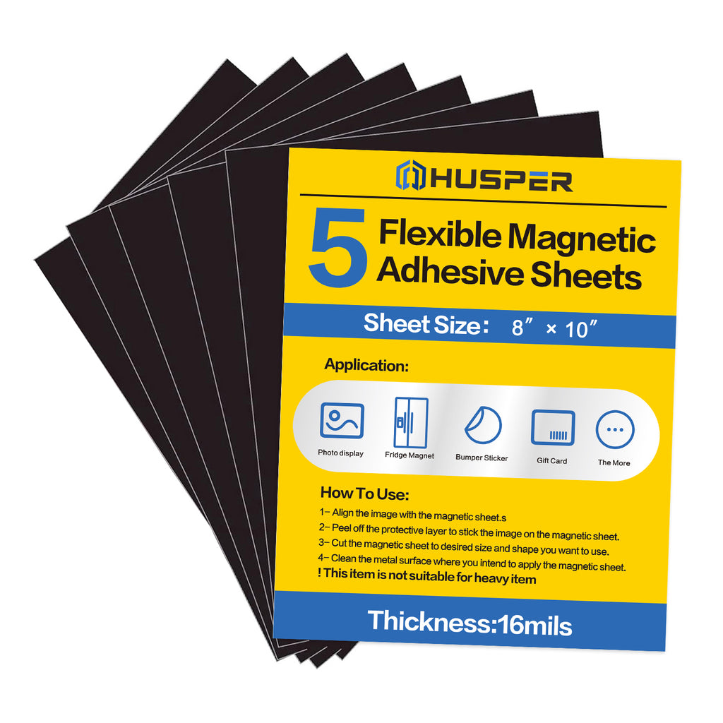 HUSPER Adhesive Magnetic Sheets, 5 Pack 8" x 10" Flexible Stick-Back Magnets for Crafts, DIY, Fridge, Photos, Whiteboard