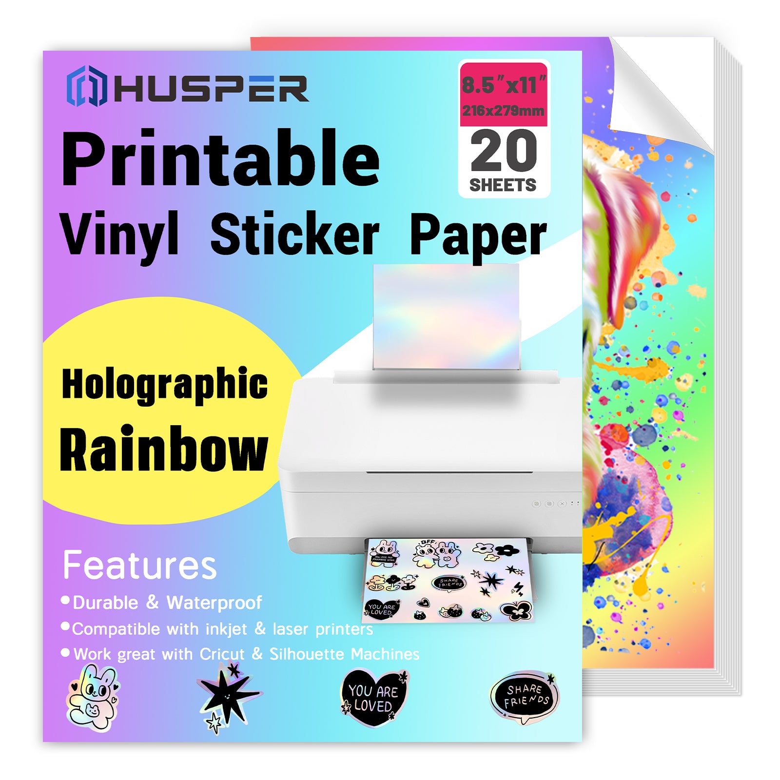 HUSPER Holographic Rainbow Vinyl Sticker Paper, 8.5 x 11 Inches, Printable Waterproof, Compatible with Inkjet, Laser Printers, (20 Sheets Rainbow)