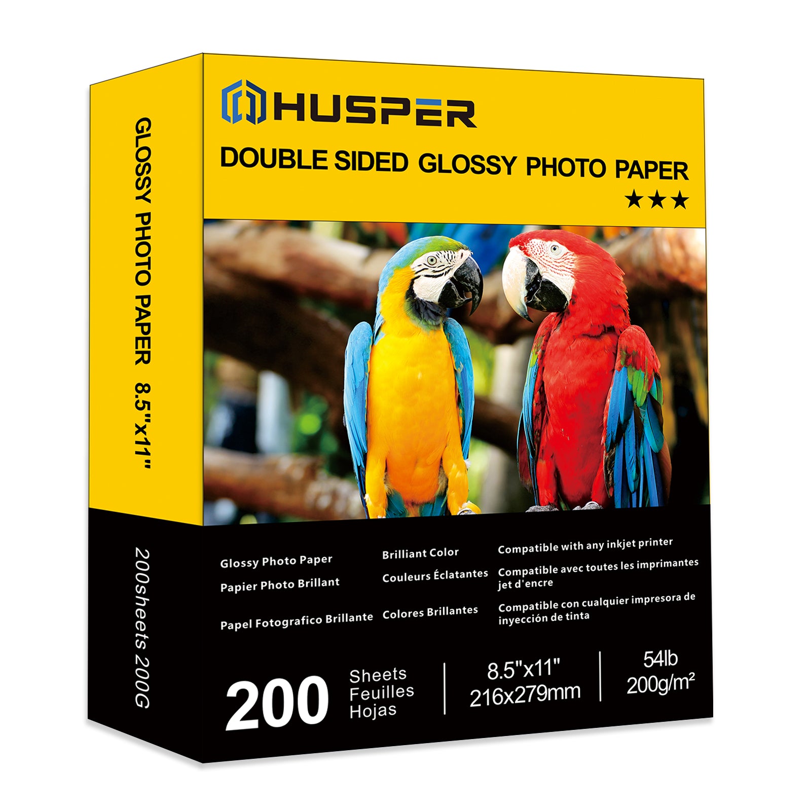 HUSPER 200 Sheets Double Sided Photo Paper Glossy 8.5x11 54lbs Inkjet for Dye Ink 200Gsm Value Bulk Pack Picture 8.5 x 11 9.5Mil for Inkjet Printing Printer (200sheets, 8.5x11)