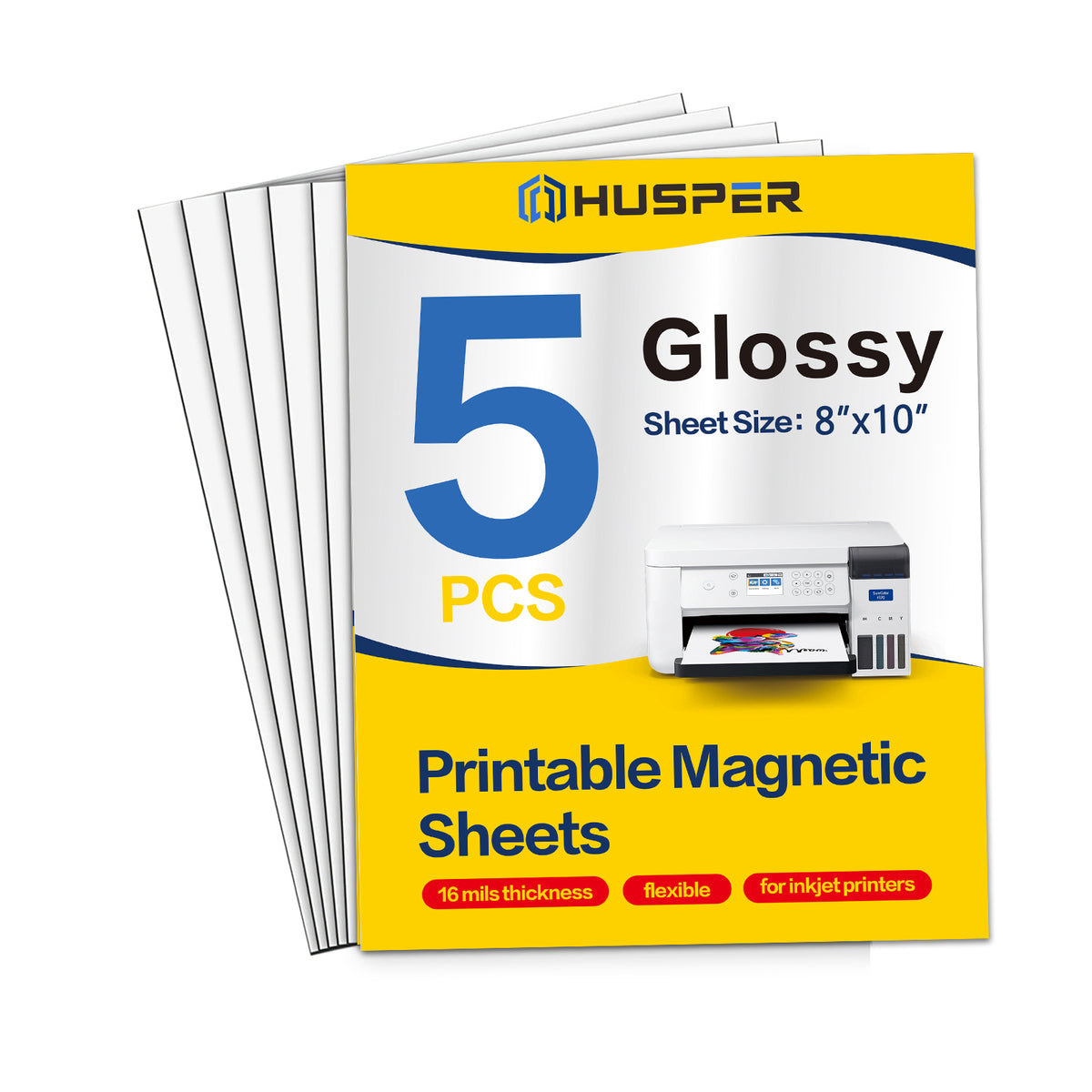 HUSPER Printable Magnetic Sheets 8 x 10 Inches Glossy Magnet Paper Sheet 5 Pcs Non Adhesive Magnetic Paper for Inkjet Printers, Flexible Magnet Photos for DIY Crafts