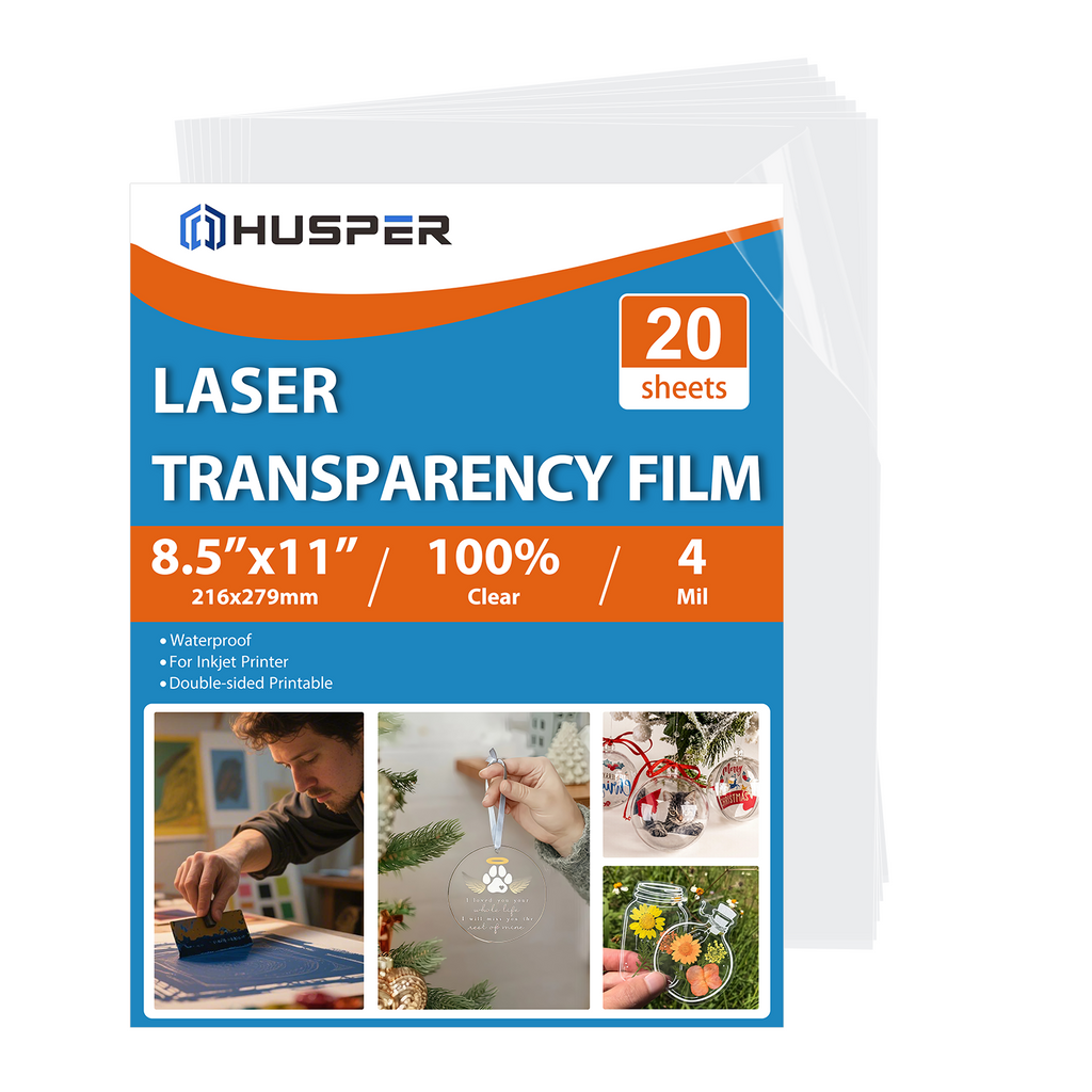 HUSPER 20 Sheets Printable Transparency Film Acetate Clear Sheets for Crafts 8.5x11 OHP Overhead Projector Film For Laser Printer Waterproof