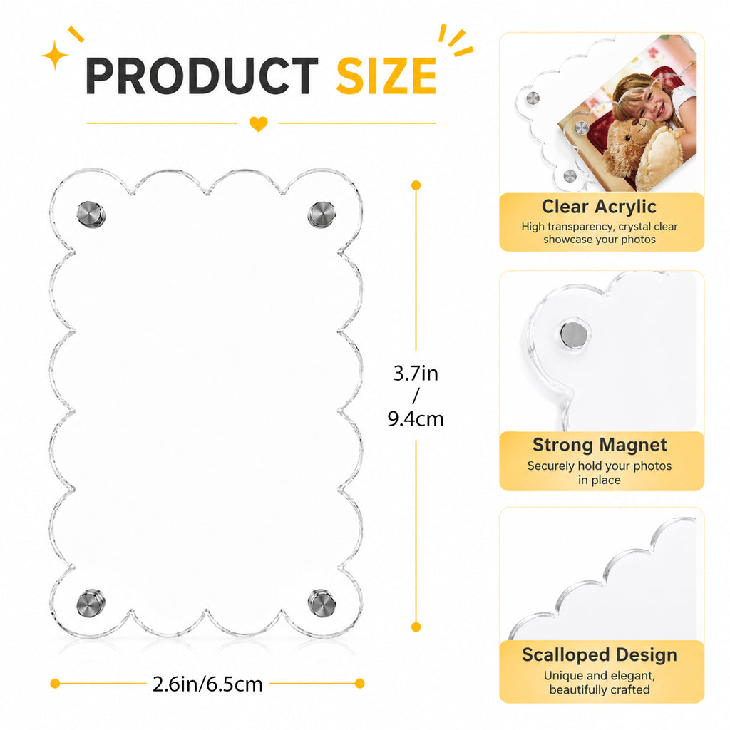 Scalloped Magnetic Picture Frame 2.5x3.5 Inch - 10 Pack Clear Acrylic Photo Frame, 4mm Thick Double-Sided Magnet Design, Trendy Desktop Display for Home/Office Decor