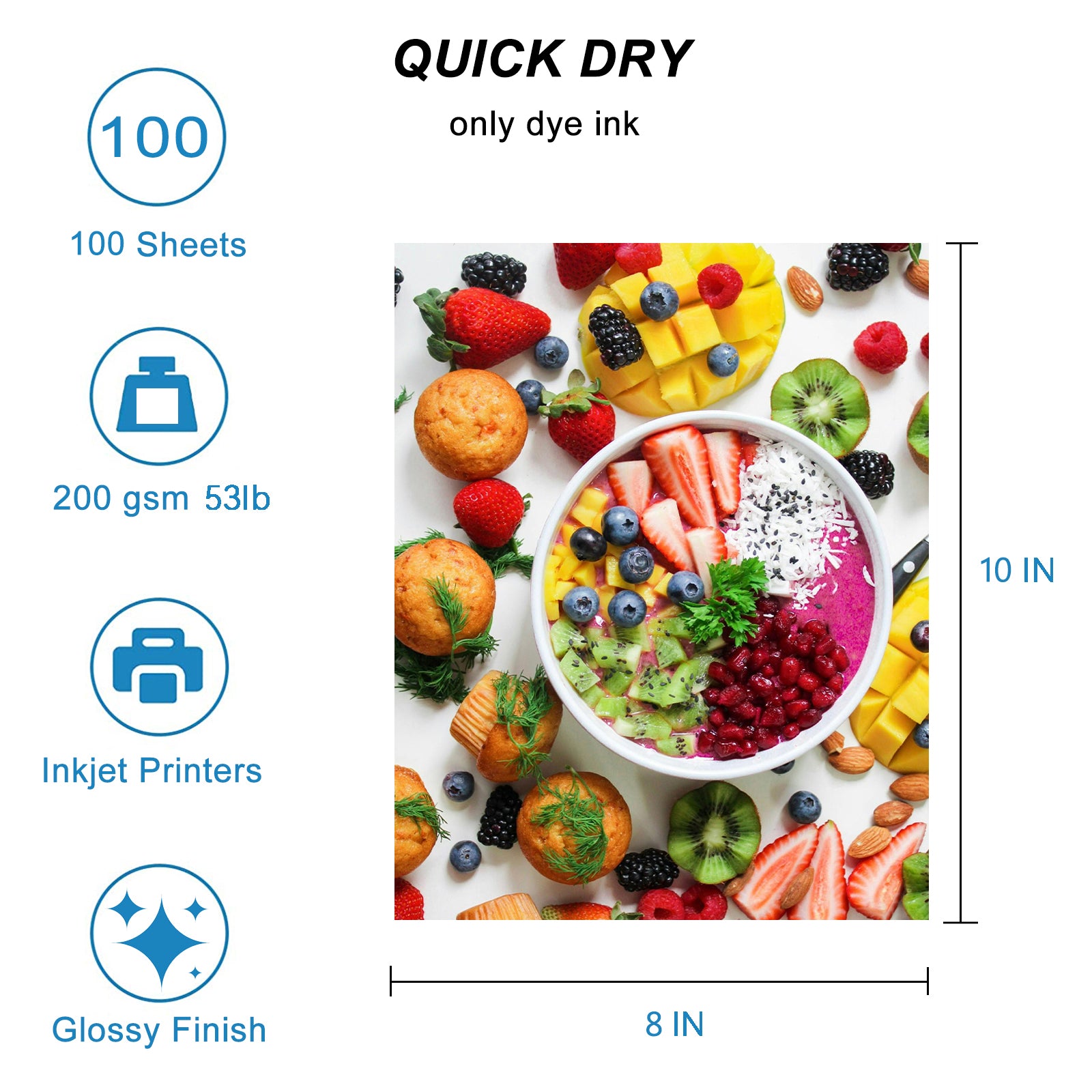 HUSPER Glossy Inkjet Photo Paper 100 Sheets 8x10 Inches 53lb Professional Photographic Paper Compatible with Dye Ink Printer 200GSM Instant Dry