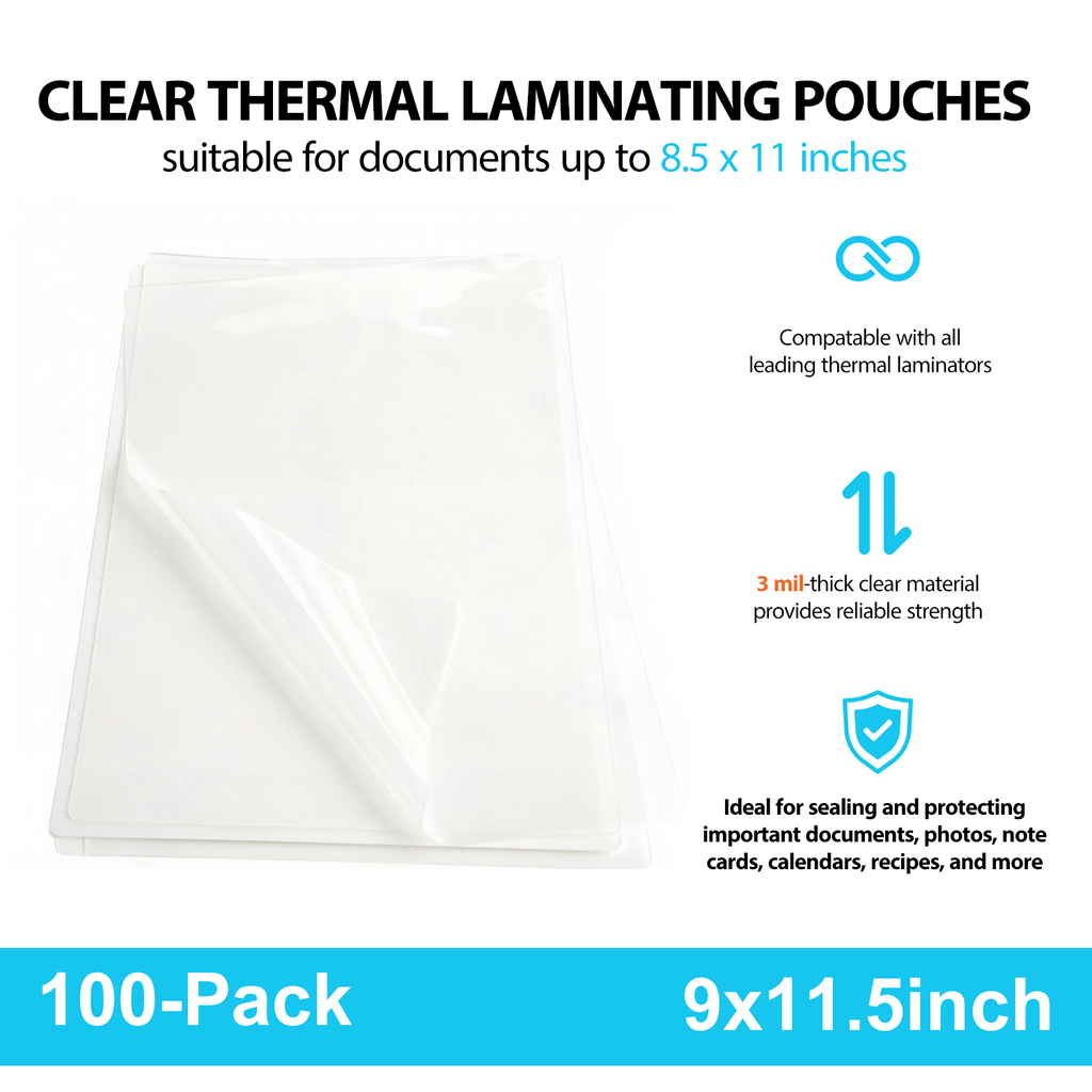 100 Pack Laminating Sheets, 3 Mil, 9 x 11.5 Inches Thermal Laminating Pouches Lamination Sheet Paper for Laminator, Clear, Letter Size, Office and School Supplies