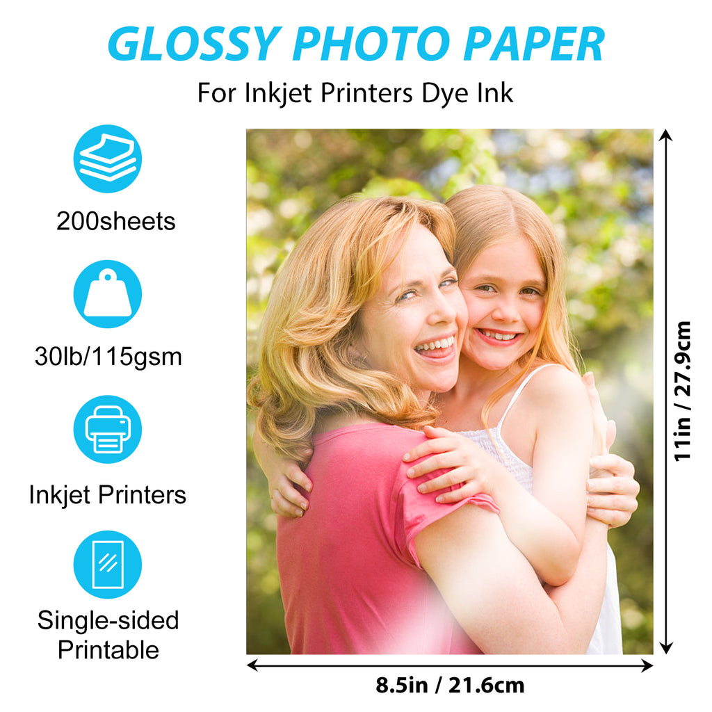 HUSPER Glossy Thin Inkjet Printer Paper 8.5x11 Inches 200 Sheets for DIY Chip Bag and Custom Party Favors 30LB Photo Paper 115g