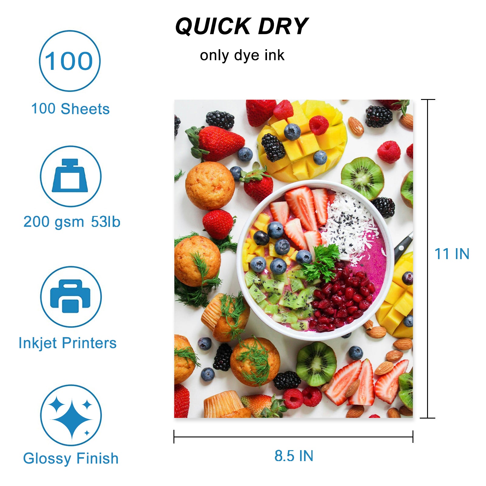 HUSPER Inkjet Glossy Photo Paper 100 Sheets 8.5x11 Inches 53lb Professional Photographic Paper Compatible with Dye Ink Printers 200GSM Instant Dry