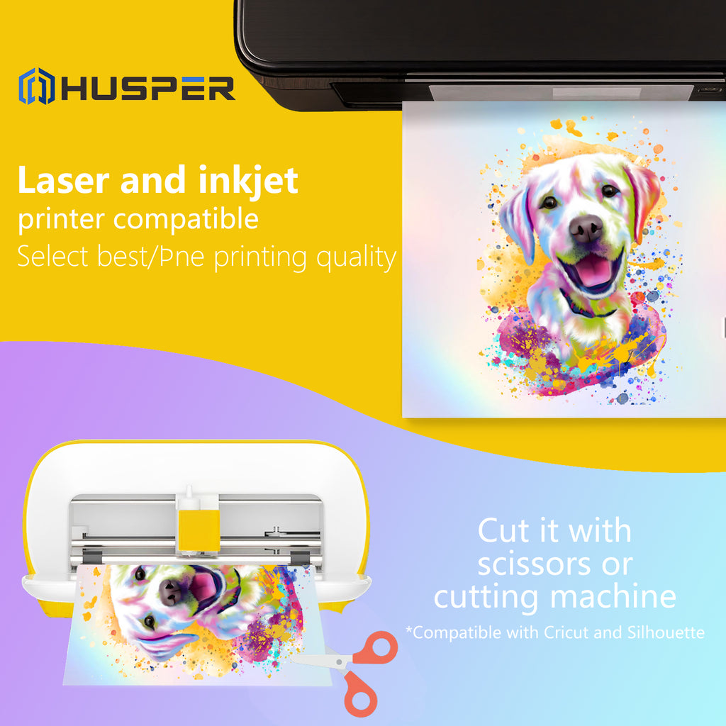 HUSPER Holographic Rainbow Vinyl Sticker Paper, 8.5 x 11 Inches, Printable Waterproof, Compatible with Inkjet, Laser Printers, (20 Sheets Rainbow)