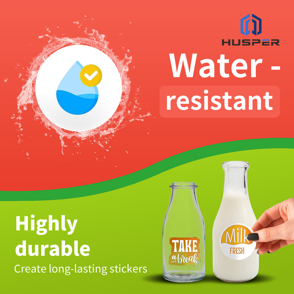 HUSPER Premium Printable Vinyl Sticker Paper for Inkjet Printer - 8.5x11 Inch 20 Sheets High Glossy White Waterproof, Dries Quickly Vivid Colors, Holds Ink well- Tear Resistant