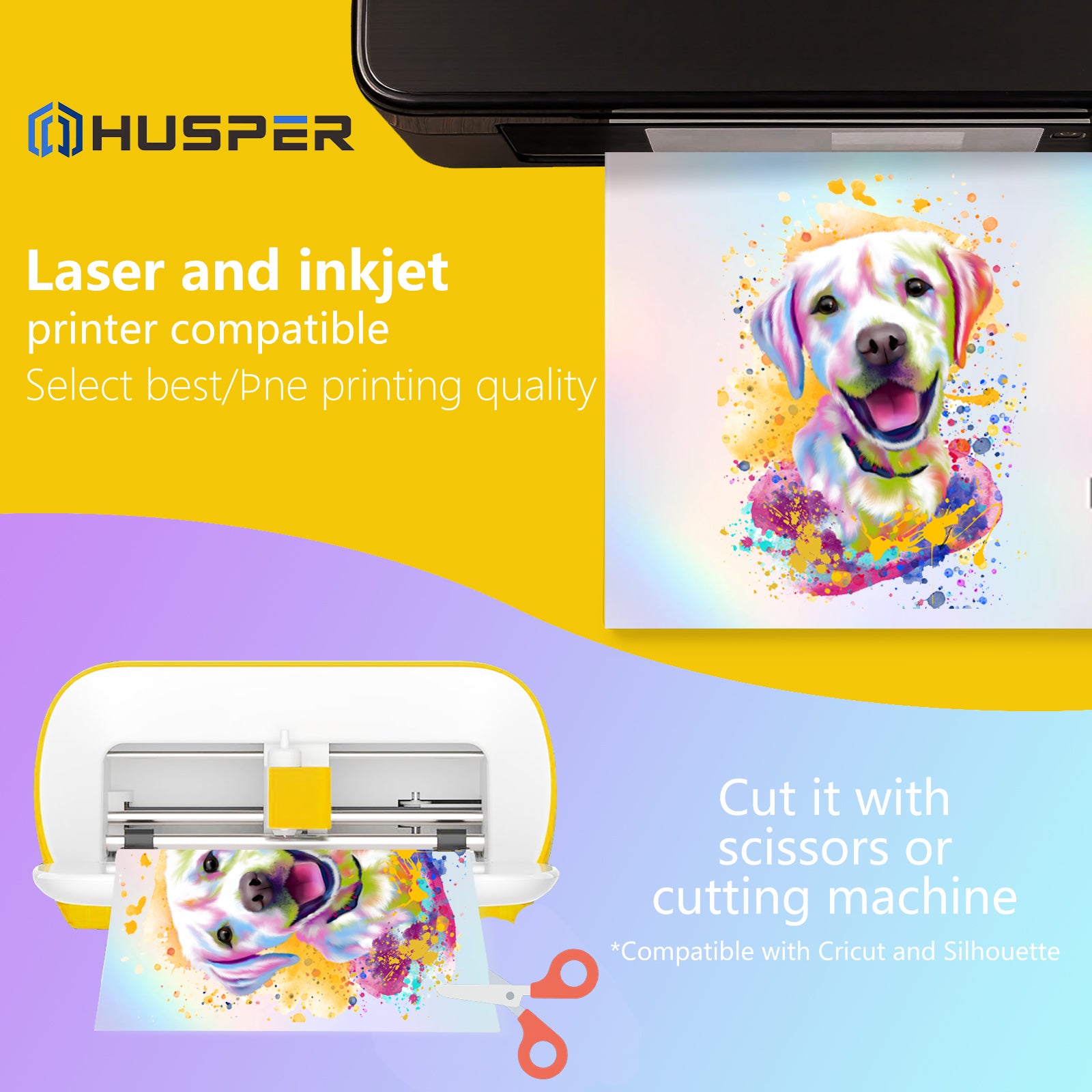 HUSPER Holographic Rainbow Vinyl Sticker Paper, 8.5 x 11 Inches, Printable Waterproof, Compatible with Inkjet, Laser Printers (50 Sheets Rainbow)