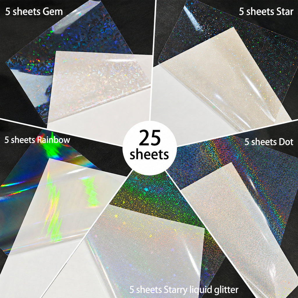 25 Sheets Holographic Laminate Sheets Clear Self Adhesive Sticker Paper | Transparent Waterproof Laminating Sheets Holographic Vinyl Overlay for Stickers, Cricut Crafts, Photos, 8.5x11 inch- 5 Styles