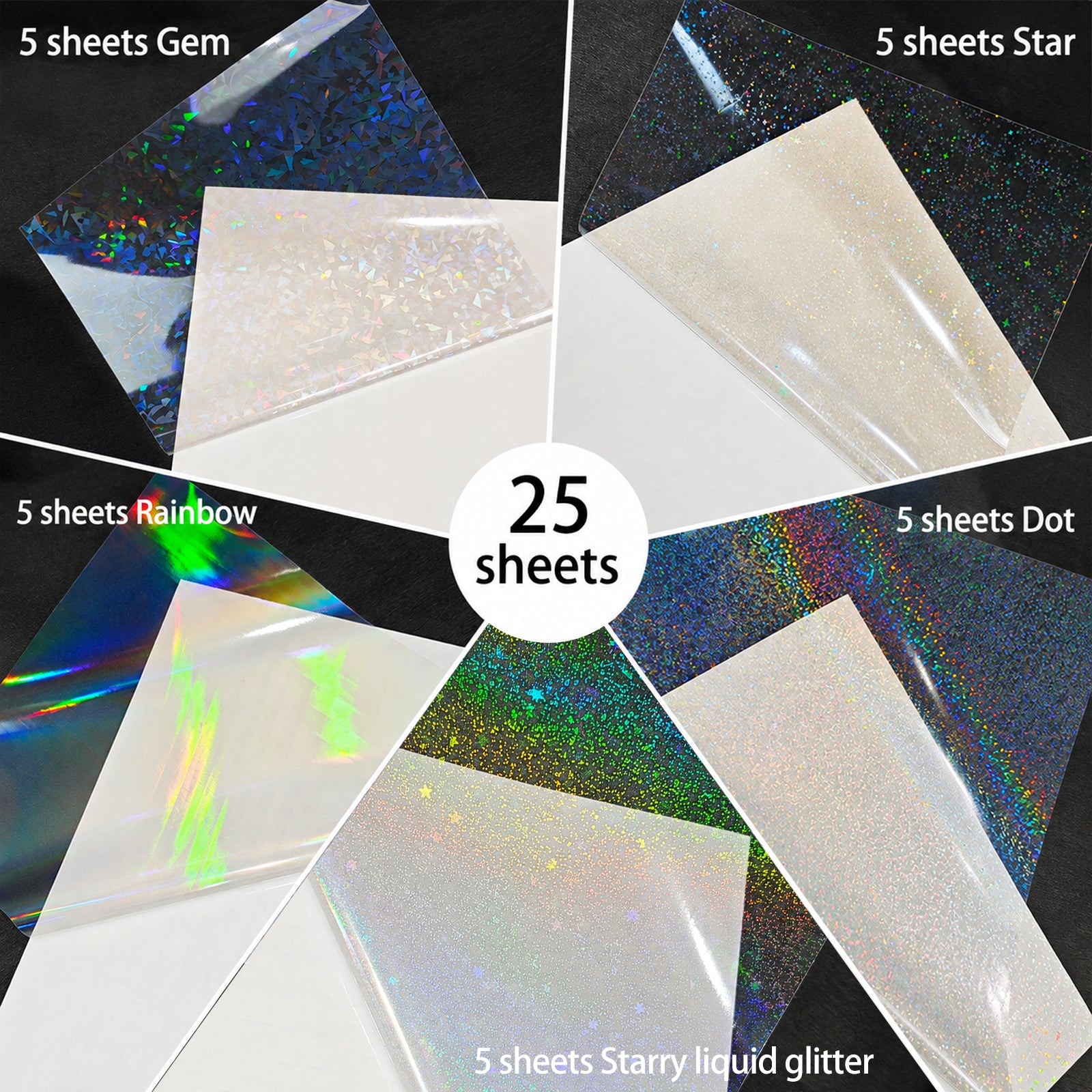 25 Sheets Holographic Laminate Sheets Clear Self Adhesive Sticker Paper | Transparent Waterproof Laminating Sheets Holographic Vinyl Overlay for Stickers, Cricut Crafts, Photos, 8.5x11 inch- 5 Styles