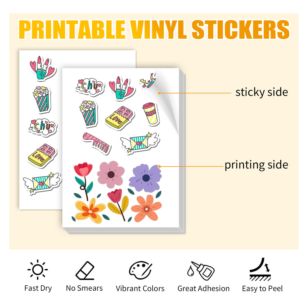 Premium Printable Vinyl Sticker Paper for Inkjet Printer - 8.5x11 Inch 20 Sheets Matte White Waterproof, Dries Quickly Vivid Colors, Holds Ink well- Tear Resistant - Inkjet & Laser Printer