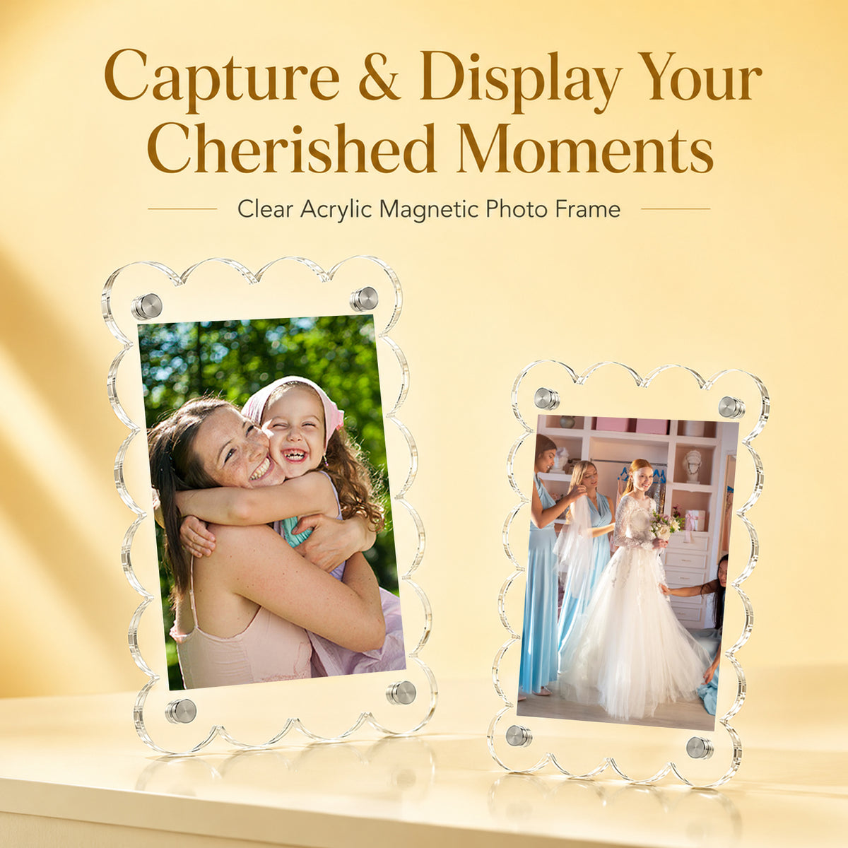 Scalloped Magnetic Picture Frame 2.5x3.5 Inch - 10 Pack Clear Acrylic Photo Frame, 4mm Thick Double-Sided Magnet Design, Trendy Desktop Display for Home/Office Decor