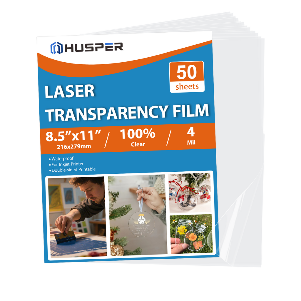 HUSPER 50 Sheets Printable Transparency Film Acetate Clear Sheets for Crafts 8.5x11 OHP Overhead Projector Film For Laser Printer Waterproof