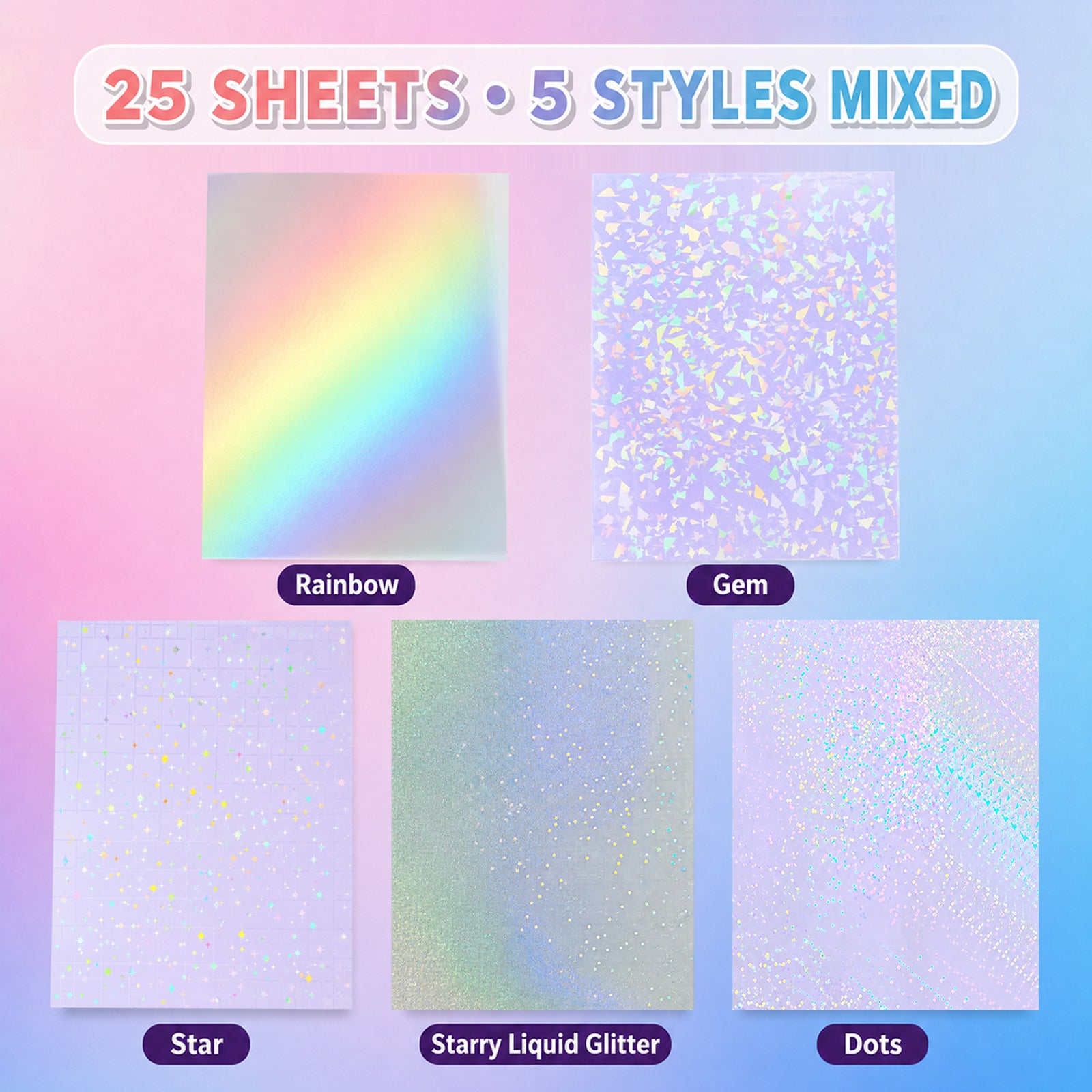 25 Sheets Holographic Laminate Sheets Clear Self Adhesive Sticker Paper | Transparent Waterproof Laminating Sheets Holographic Vinyl Overlay for Stickers, Cricut Crafts, Photos, 8.5x11 inch- 5 Styles