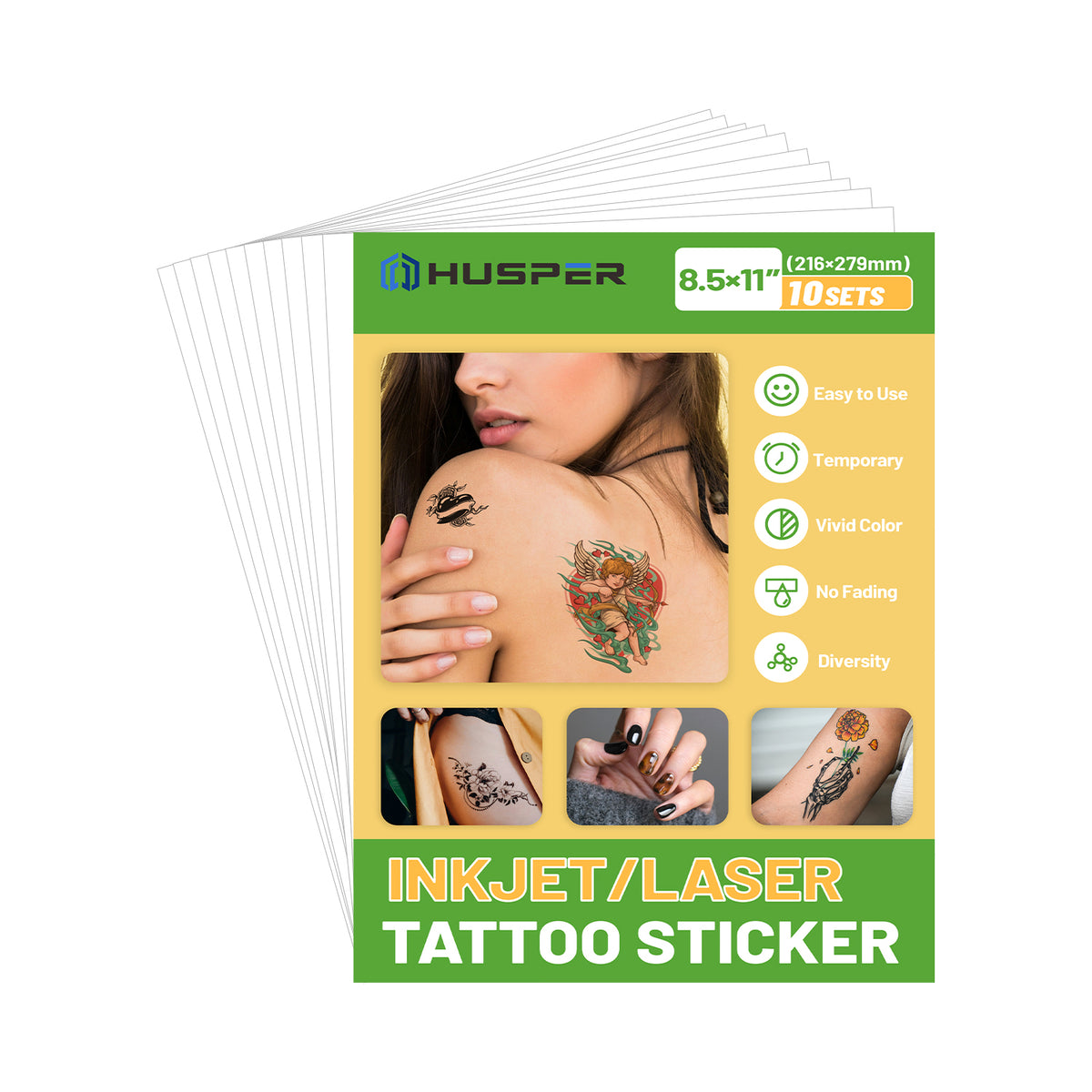 HUSPER Printable Temporary Tattoo Paper for Inkjet Printer - Skin-Safe, Water-Resistant, Blank 8.5x11” Sheets for Personalized Designs - Make Your Own Temporary Tattoos at Home - 10 Set