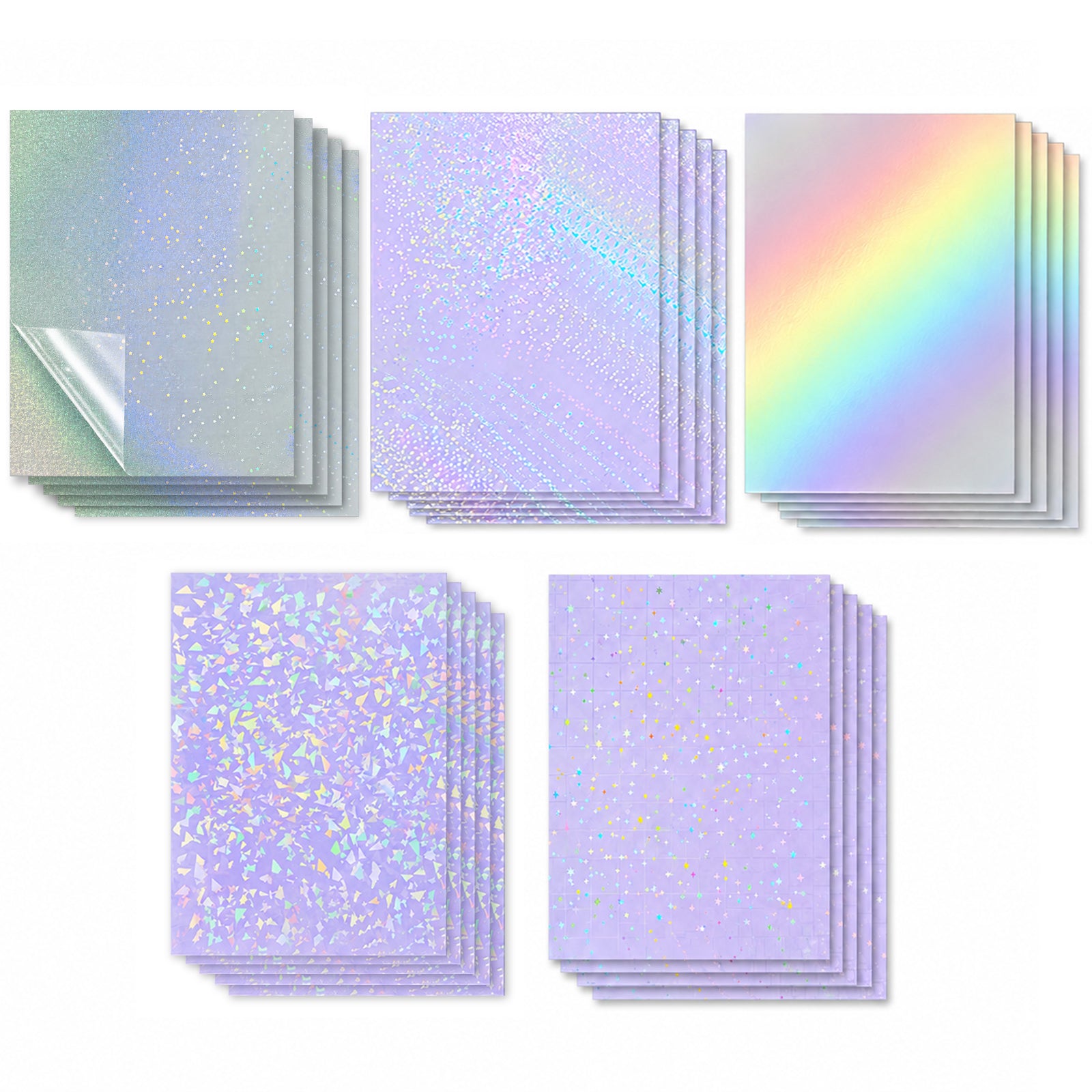 25 Sheets Holographic Laminate Sheets Clear Self Adhesive Sticker Paper | Transparent Waterproof Laminating Sheets Holographic Vinyl Overlay for Stickers, Cricut Crafts, Photos, 8.5x11 inch- 5 Styles