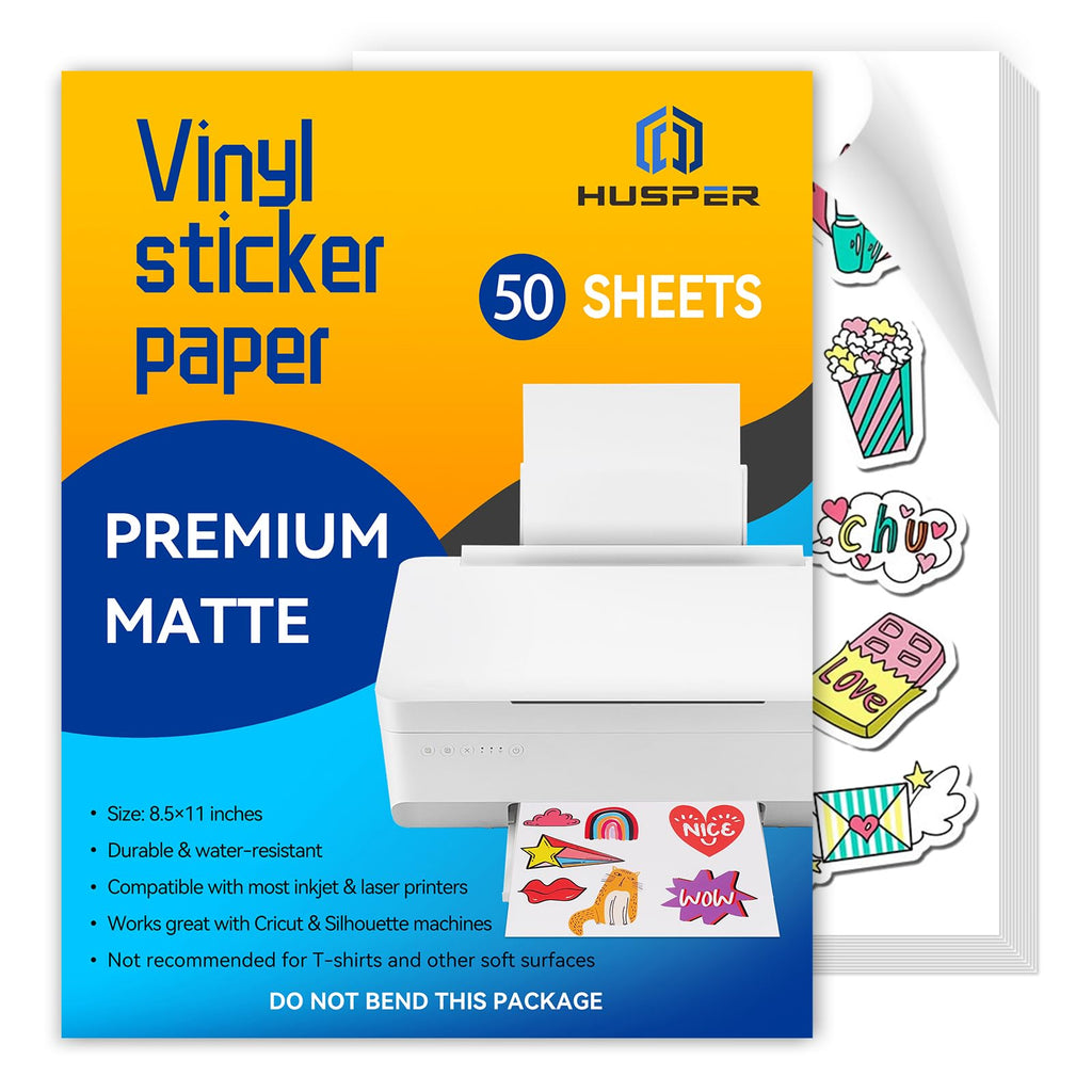 HUSPER Premium Printable Vinyl Sticker Paper for Inkjet Printer - 8.5x11 IN 50 Sheets Matte White Waterproof, Dries Quickly Vivid Colors, Holds Ink well- Tear Resistant - Inkjet & Laser Printer