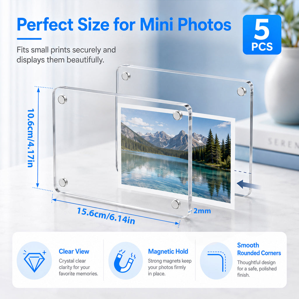 Magnetic Picture Frame 4x6 Inch - 5 Pack Clear Acrylic Photo Frame, 4mm Thick Double-Sided Magnet Design, Trendy Desktop Display for Home/Office Decor (5 Pack, 4X6)