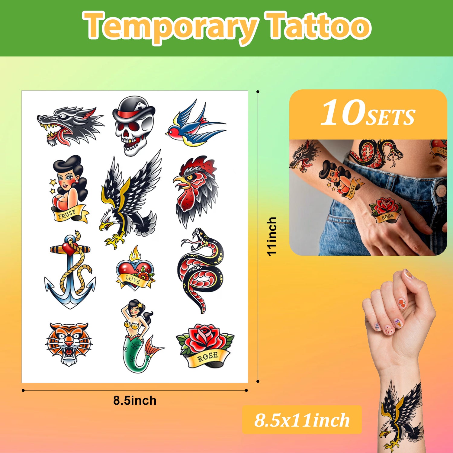 HUSPER Printable Temporary Tattoo Paper for Inkjet Printer - Skin-Safe, Water-Resistant, Blank 8.5x11” Sheets for Personalized Designs - Make Your Own Temporary Tattoos at Home - 10 Set
